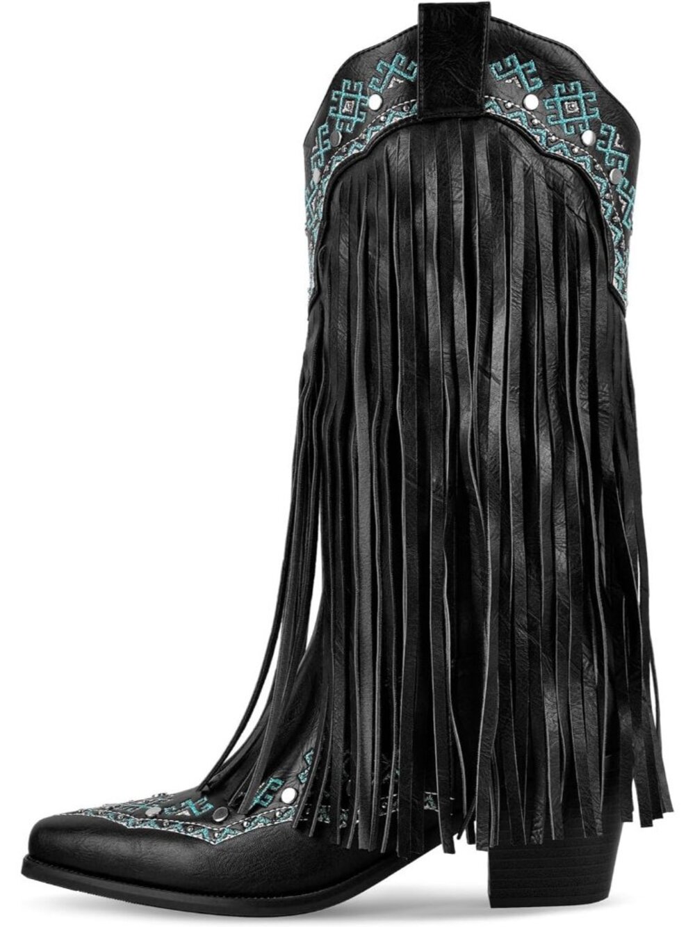 Women's Black Fringe Mid Calf Boots with Rivets Embroidered